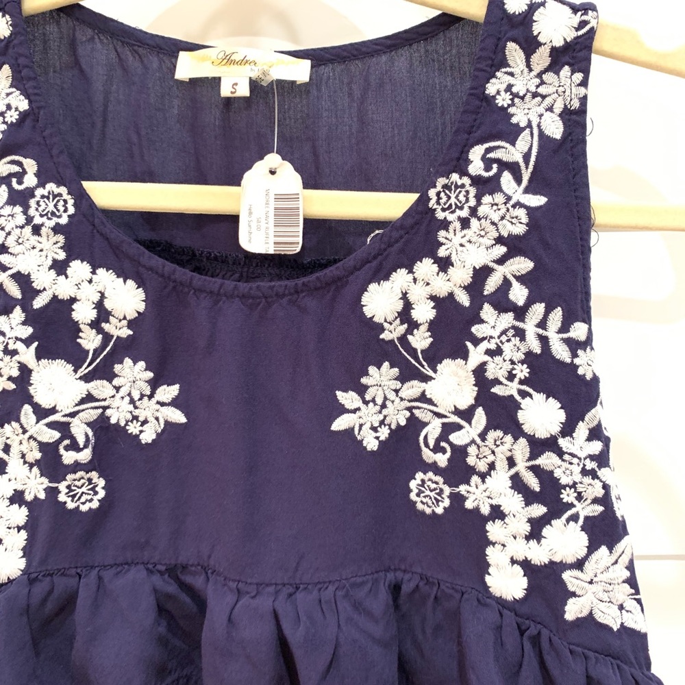 Embroidered Ruffle Navy Tank Blouse - Picture 2 of 3